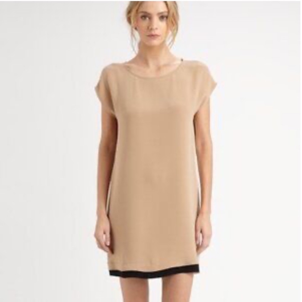 Joie Silk Colorblock Shift Dress Tan Beige Black Mini Cap Sleeve Minimalist